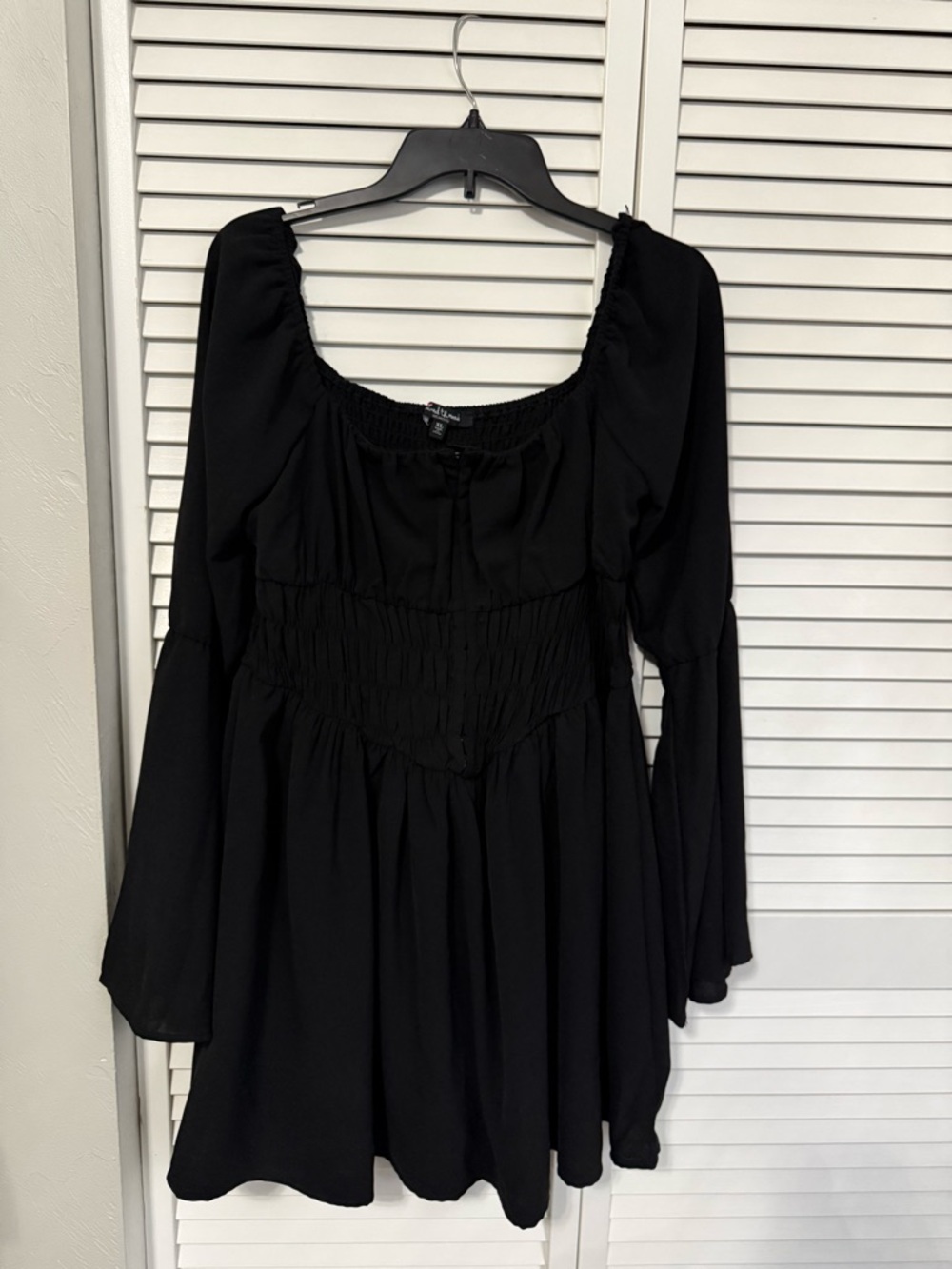 Black Smocked Waist Long Sleeve Dress -